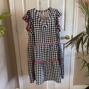 Black and White Gingham Tiered Dress with Pink Accents
